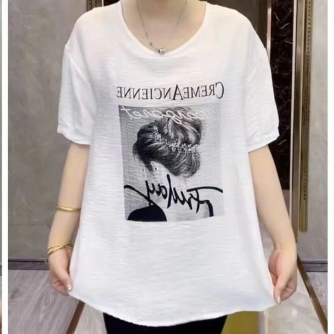 【厂家直销】夏季百搭短袖T恤2025女装上衣新款时尚印花大码T恤