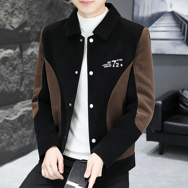 秋冬季灯芯绒夹克男翻领韩版修身痞帅拼色短款风衣男装高级感外套