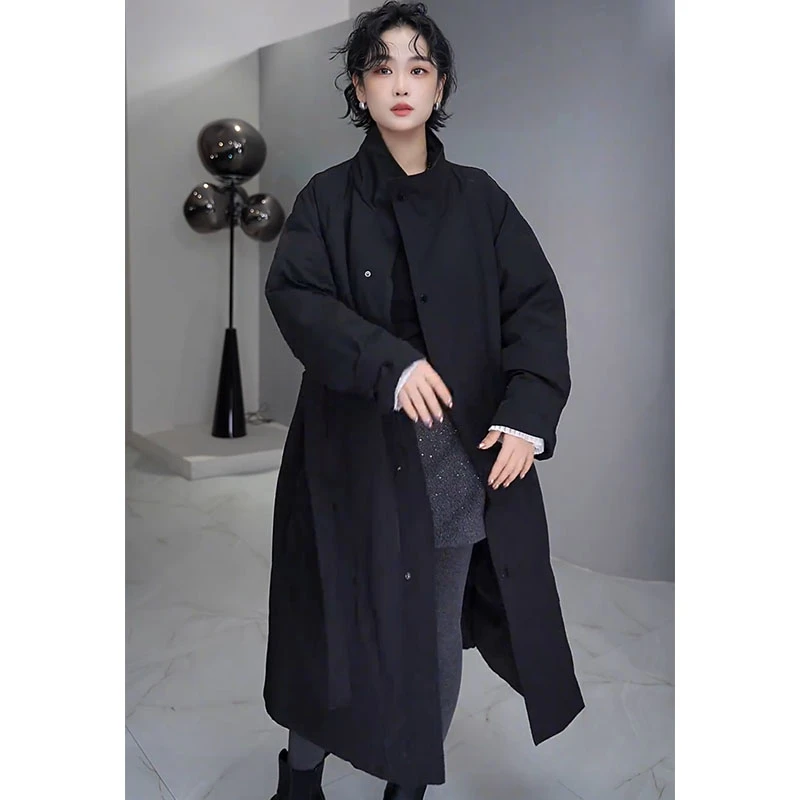 欧货2024冬新款爆款时尚立领百搭系带棉衣棉服宽松长款风衣外套女