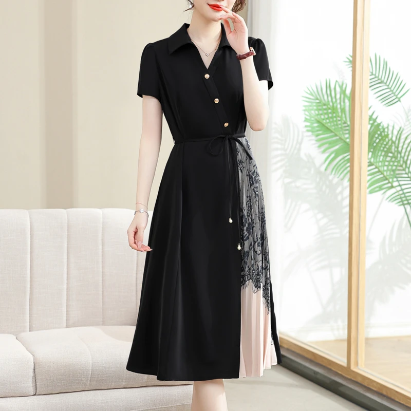 桑蚕丝女装连衣裙气质洋气妈妈夏装中长款小黑裙时尚宽松修身遮肚