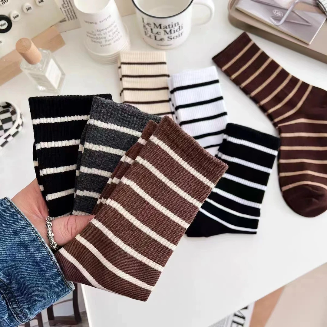 黑白秋冬女条纹中筒袜子外穿堆堆潮袜韩版网红款时尚百搭5双