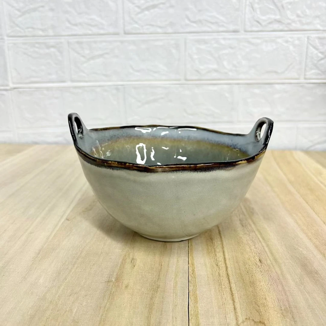 W169 6英寸复古灰色窑变冰裂纹双耳菜碗  微瑕 全店满19包邮