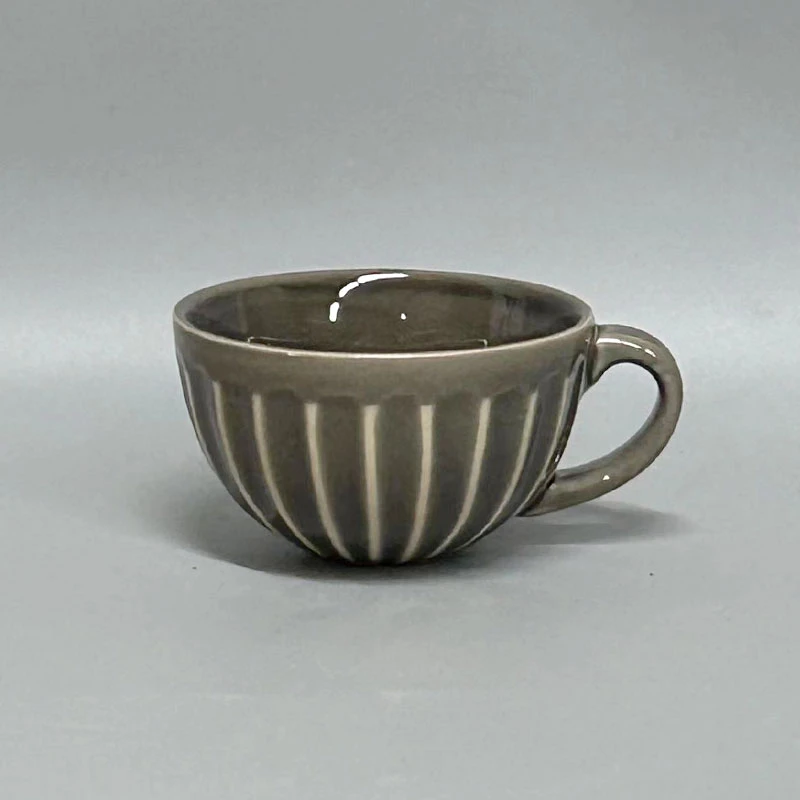 50601  350毫升复古家用早餐杯条纹日式奶杯手工拿铁杯 微瑕