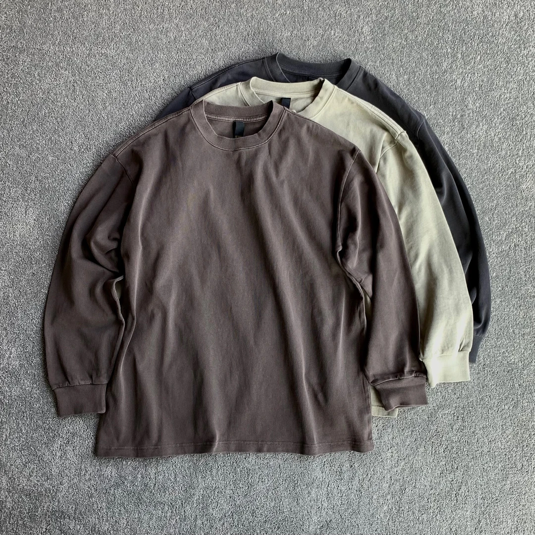 320克重磅水洗复古做旧基础款长袖T恤男士宽松纯色休闲纯棉春秋季