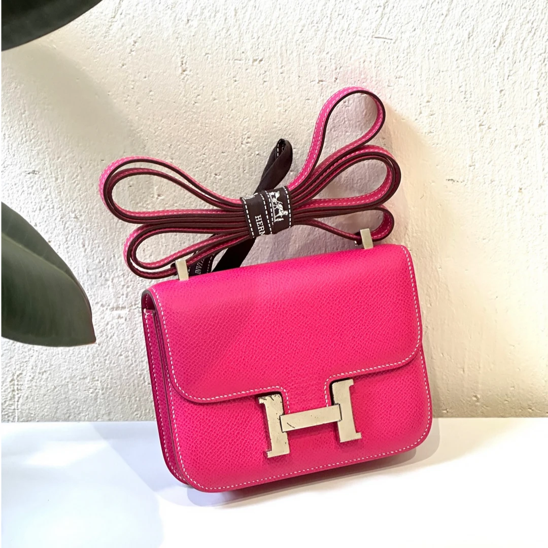 95新 Hermes/爱马仕 康康糖果粉银扣mini 14cm 框O刻 二手