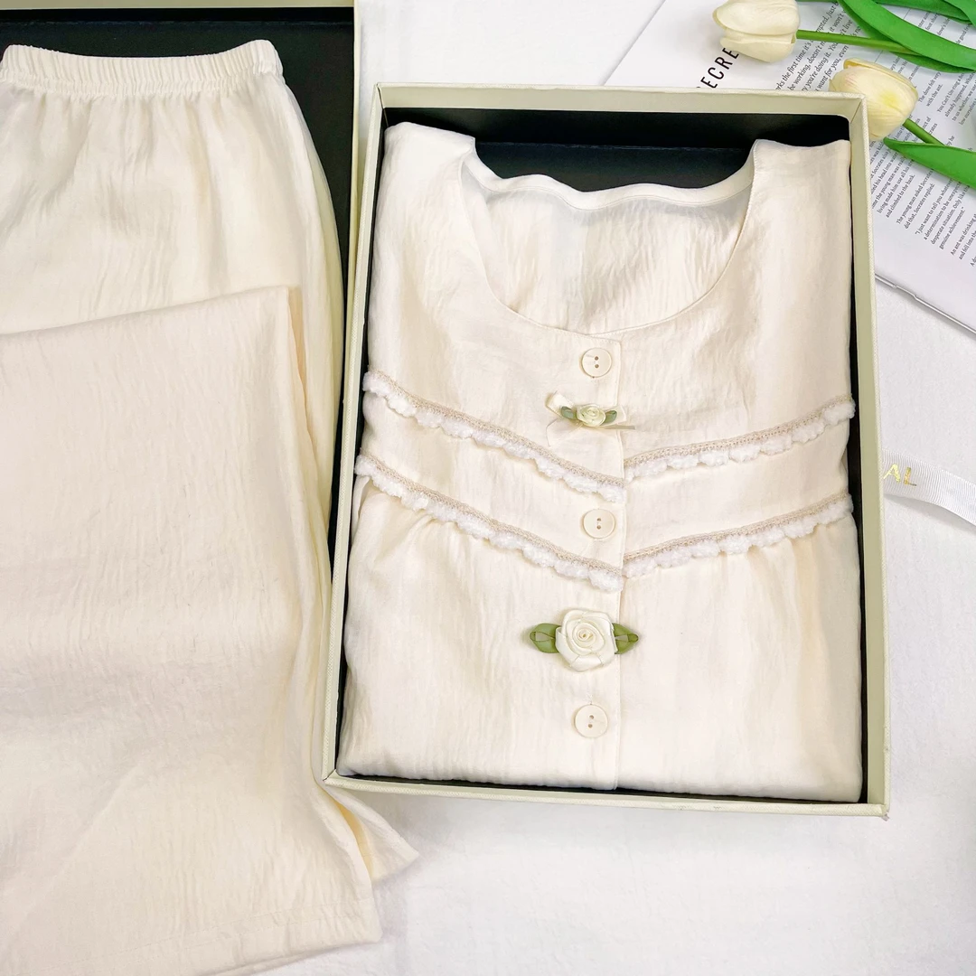 2025新春睡衣女出门长袖两件套可外穿温柔宽松纯欲印花睡衣家居服