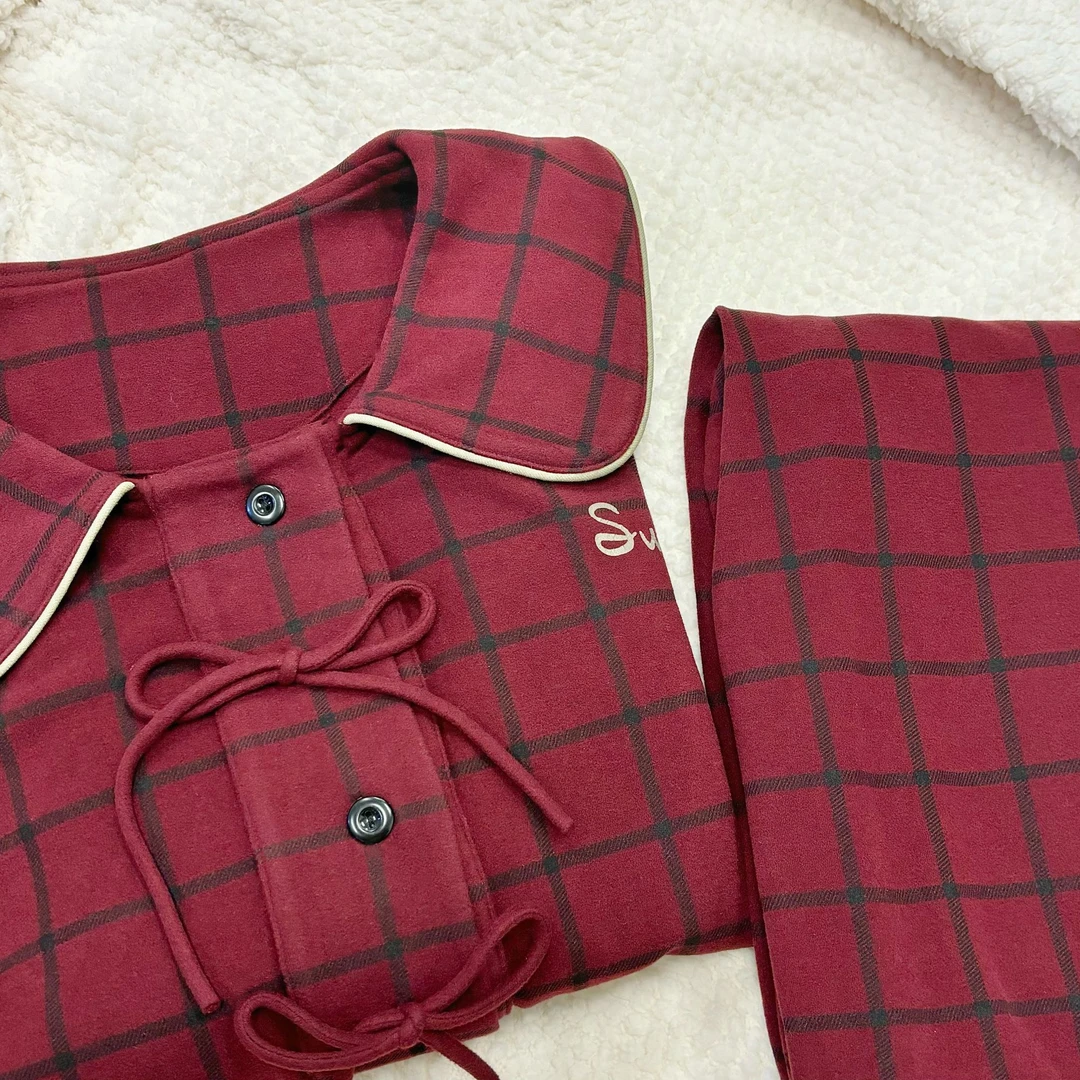 秋季新款睡衣长袖宽松舒适透气大码家居服时尚深红格子德绒开衫