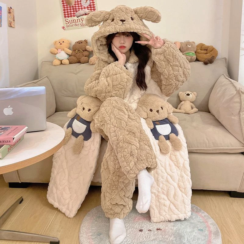 秋冬季睡袍女士三层夹棉加厚加绒保暖连帽家居服省服套装冬天大码