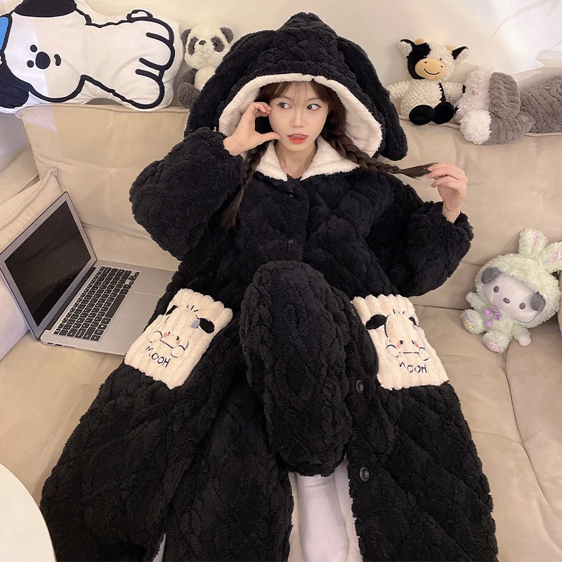 秋冬款睡袍女睡衣长袖三层夹棉加厚加绒可外穿保暖冬季套装家居服
