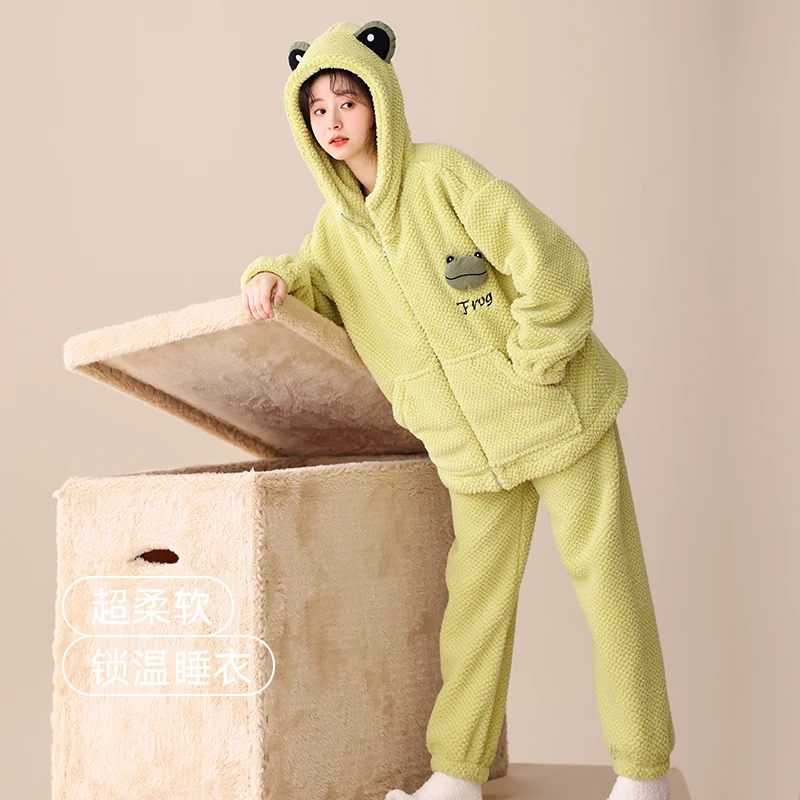 冬天新款女生加厚加绒宽松时尚纯色简约舒适可外穿睡衣套装家居服
