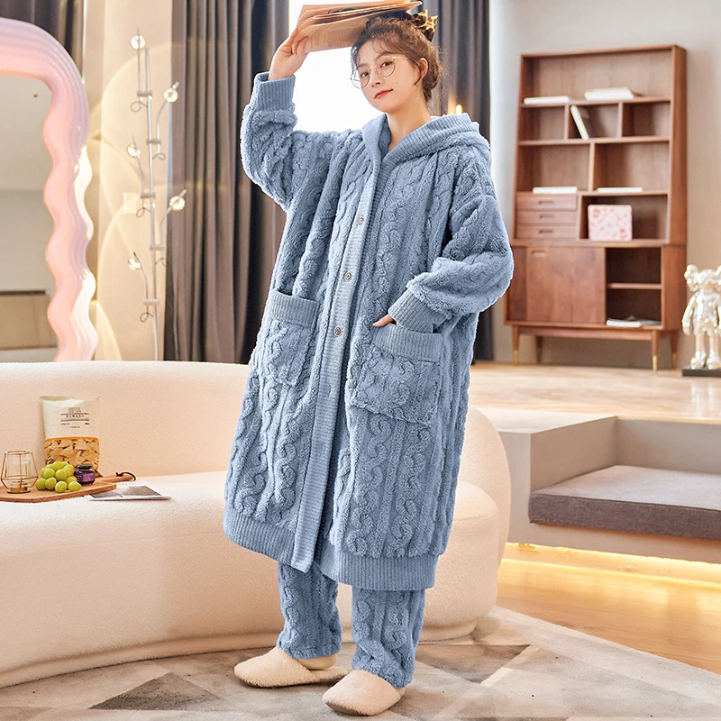 新款冬季女生简约睡衣加厚加绒舒适宽松时尚款外穿长袖家居服套装