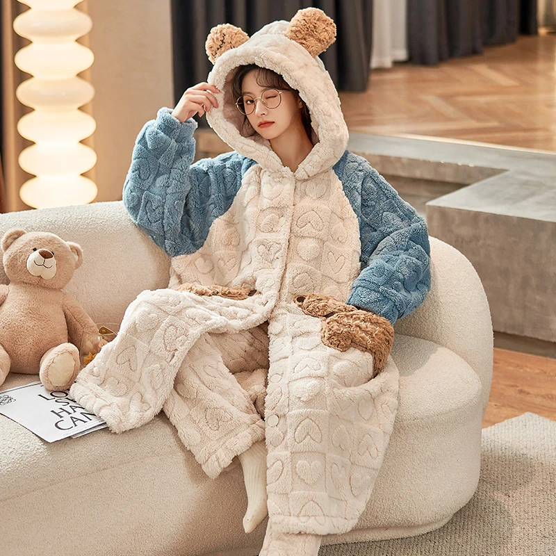 冬季新款女士睡衣加厚加绒时尚宽松舒适长袖网红外穿家居服套装
