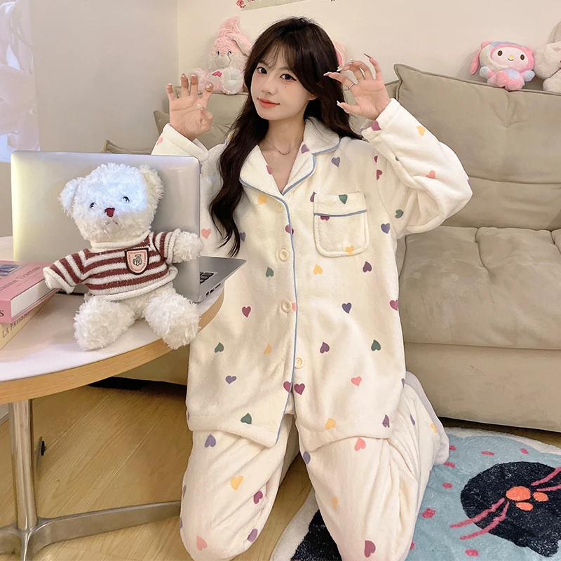 冬天新款睡衣女生保暖时尚甜美可外穿长袖宽松家居服大码套装厚款