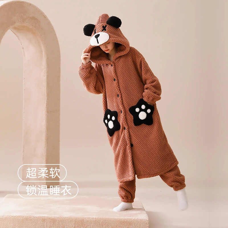 冬天新款睡衣女生加厚加绒宽松简约纯色舒适时尚可外穿家居服套装