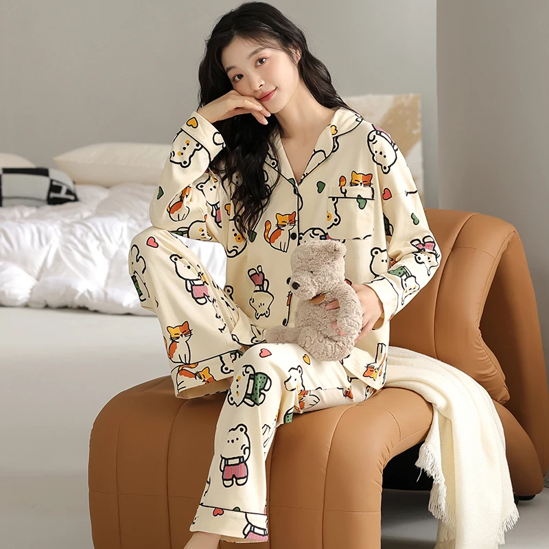 新款春季女生睡衣休闲甜美舒适宽松卡通家居服两件套装大码家居服