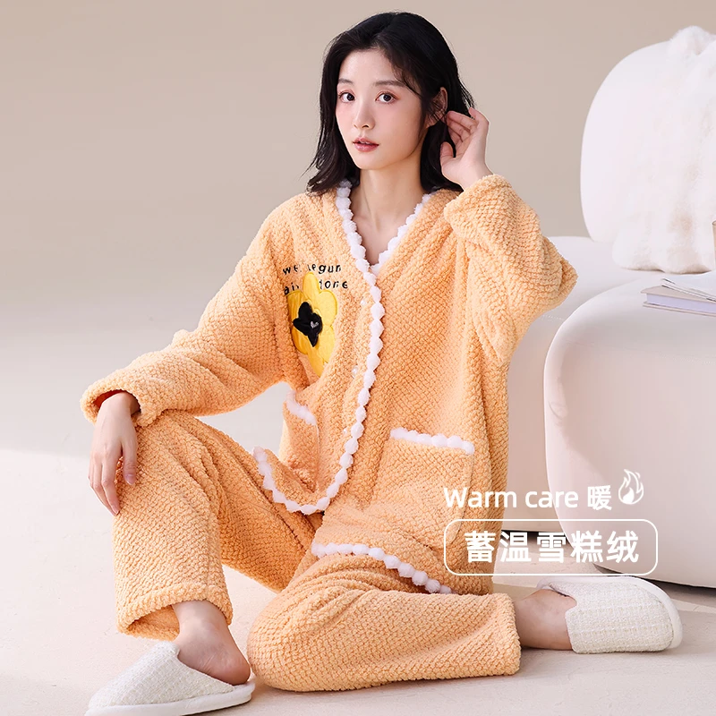 冬季新款女生加绒加厚睡衣简约宽松舒适时尚纯色套装家居服可外穿