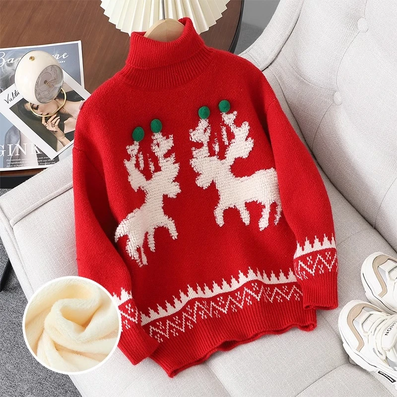 女童秋冬加绒毛衣2023新款儿童装圣诞高领打底衫中大童红色针织衫