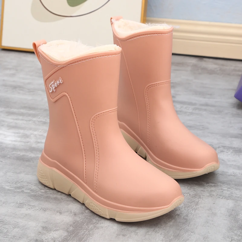 一体绒雨鞋女士中筒雨靴水靴厨房工作鞋防滑胶鞋加绒棉保暖防水鞋