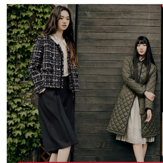 BEANPOLE滨波 秋冬女士休闲纯中绑带收腰英伦长保暖棉服BF2938CE6