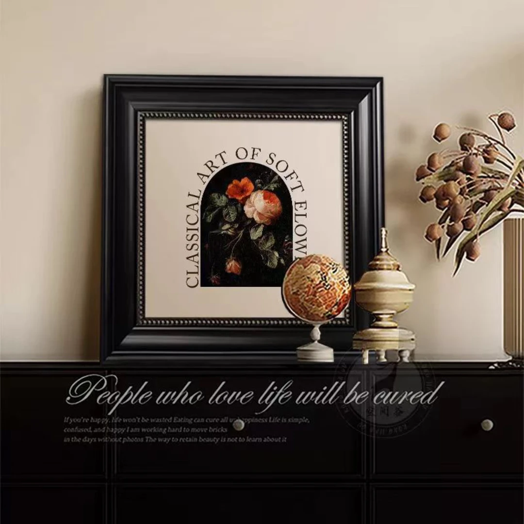 砂岩欧框玫瑰装饰画复古文艺高级感玄关卧室壁画装饰画5050