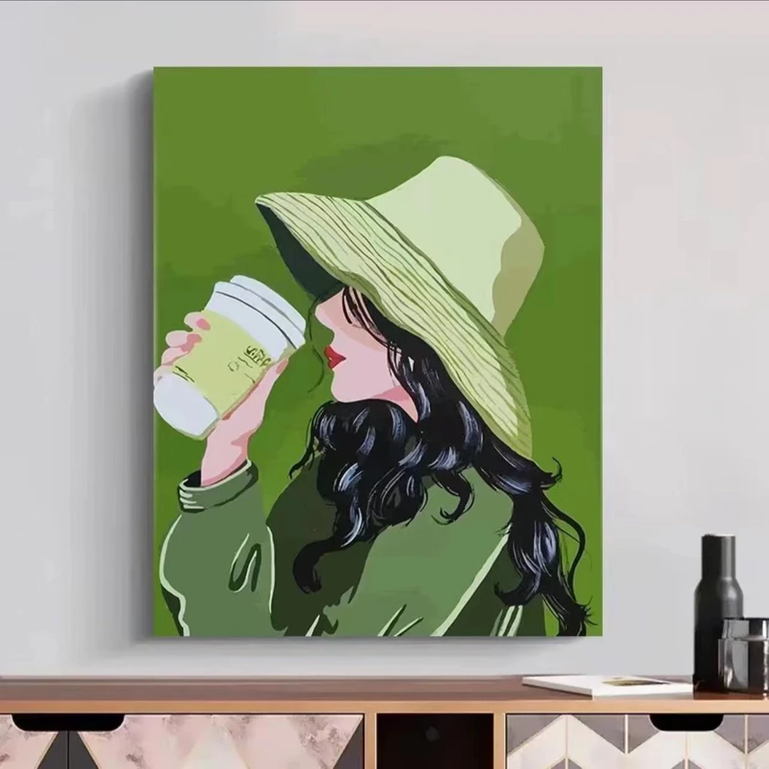 高货砂岩温馨喝咖啡女孩动漫客厅挂画创意客厅玄关走廊挂画6080