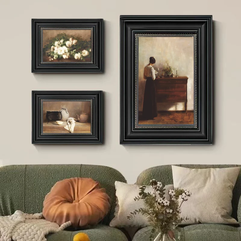 安宁与闲法式小众复古风客厅挂画餐厅墙画美式装饰画组合壁画三联