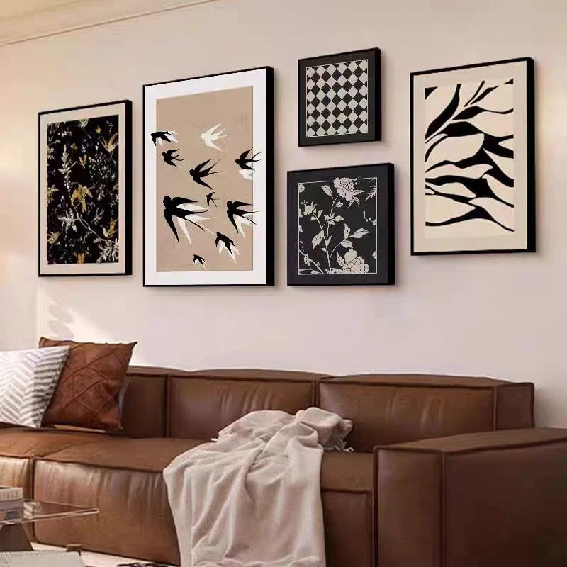 中古风客厅组合装饰画法式复古挂画美式高级感沙发背景墙壁画五联