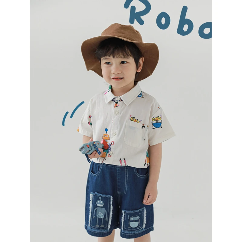 幼悠男童机器人印花休闲短袖衬衫夏季薄款儿童洋气百搭上衣LN0053