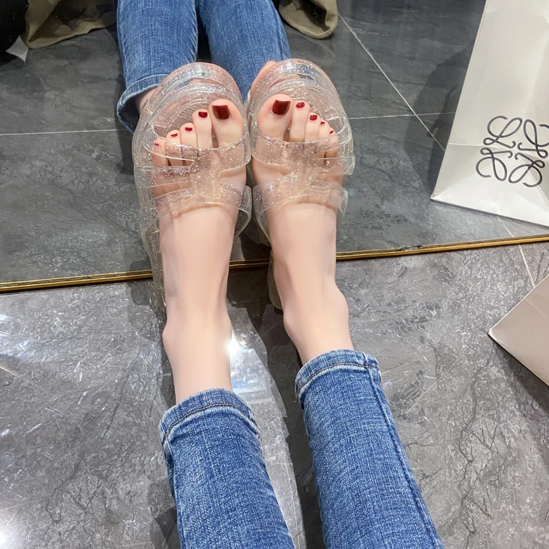 黑美树不臭脚水晶透明仙女风女室内居家防臭潮款一字仙女风拖鞋