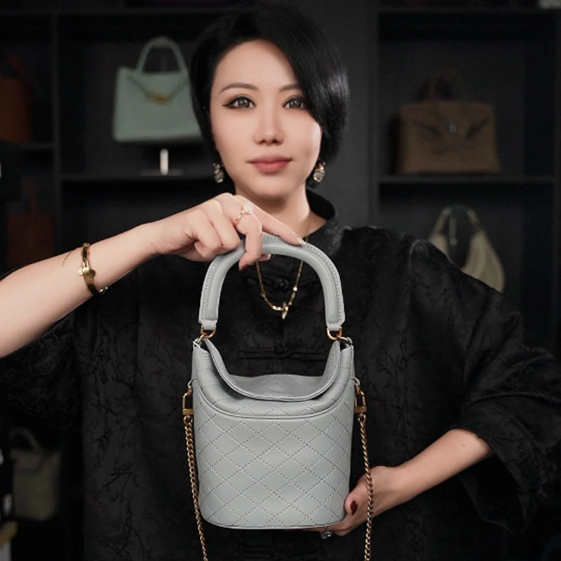 【高端玩家】J-6095-亚麻蓝 新款时尚休闲头层皮轻奢百搭小众女包