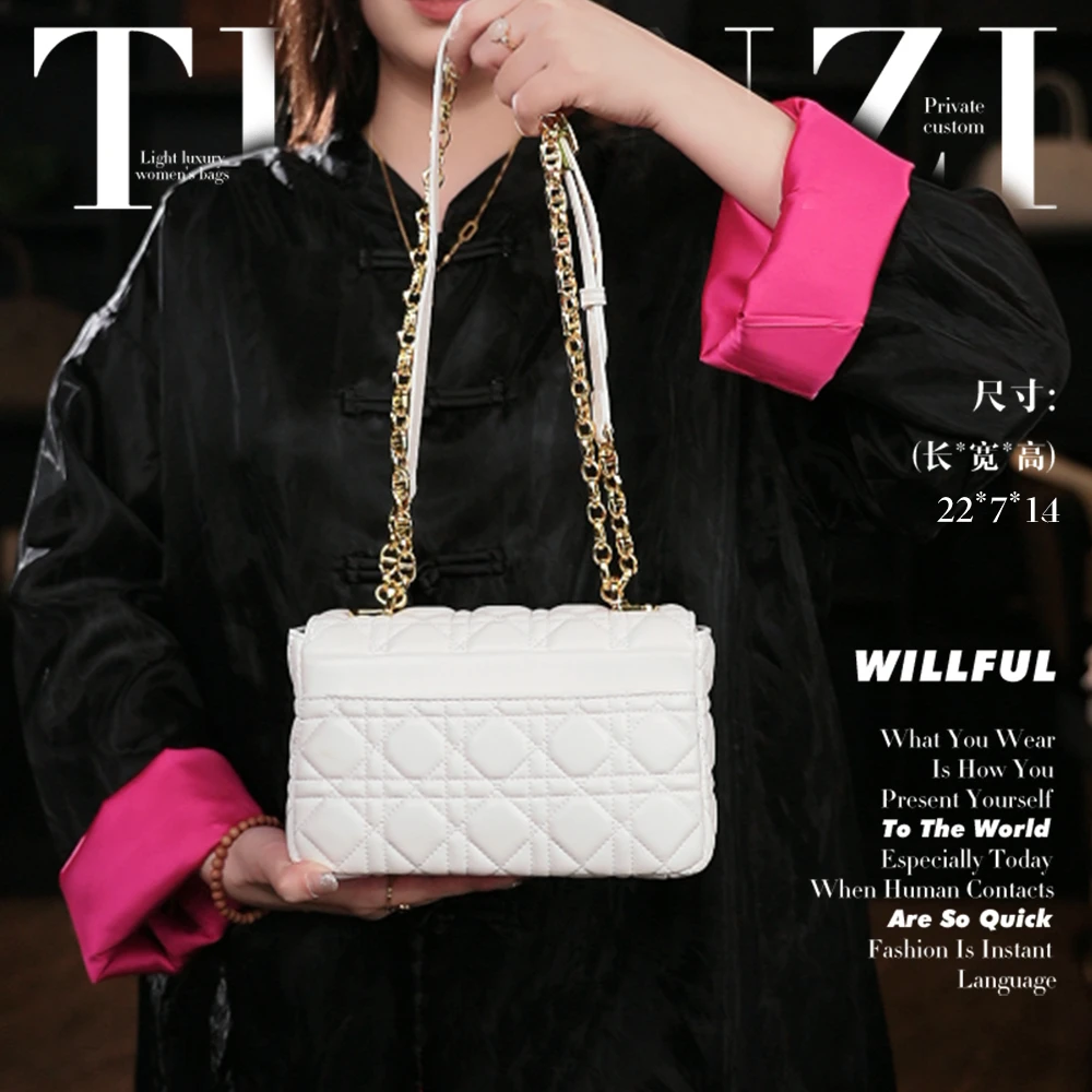 【高端玩家】小号Caro藤格纹百搭斜跨腋下头层牛皮女包 J-6206-白色