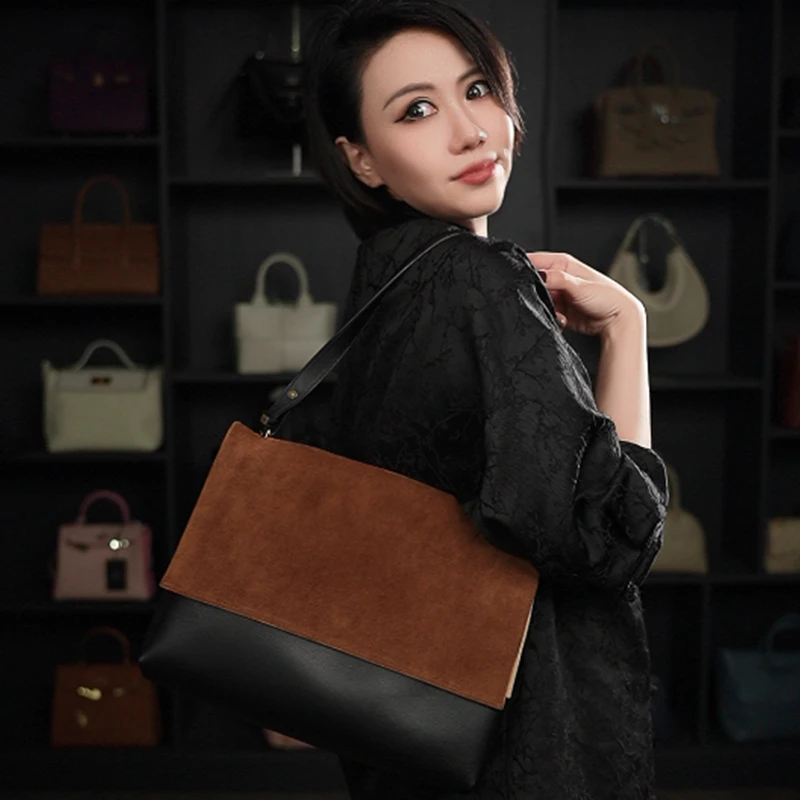 【高端玩家】赛老师中古款头层反绒拼皮腋下包 ZG-7713-棕色