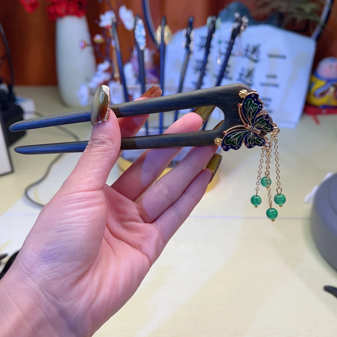 15厘米绿檀U型簪双面蝴蝶步摇国风旗袍景泰蓝古风手工盘发簪