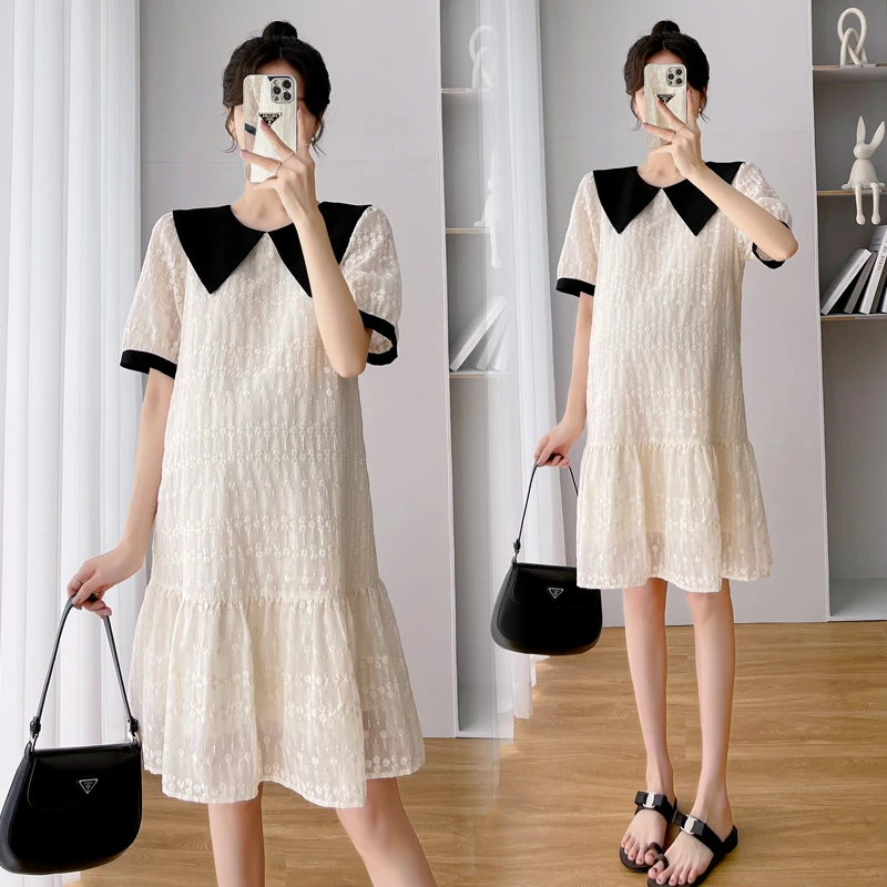 2024夏季新款短袖孕妇连衣裙撞色翻领设计小个子减龄气质薄款中裙