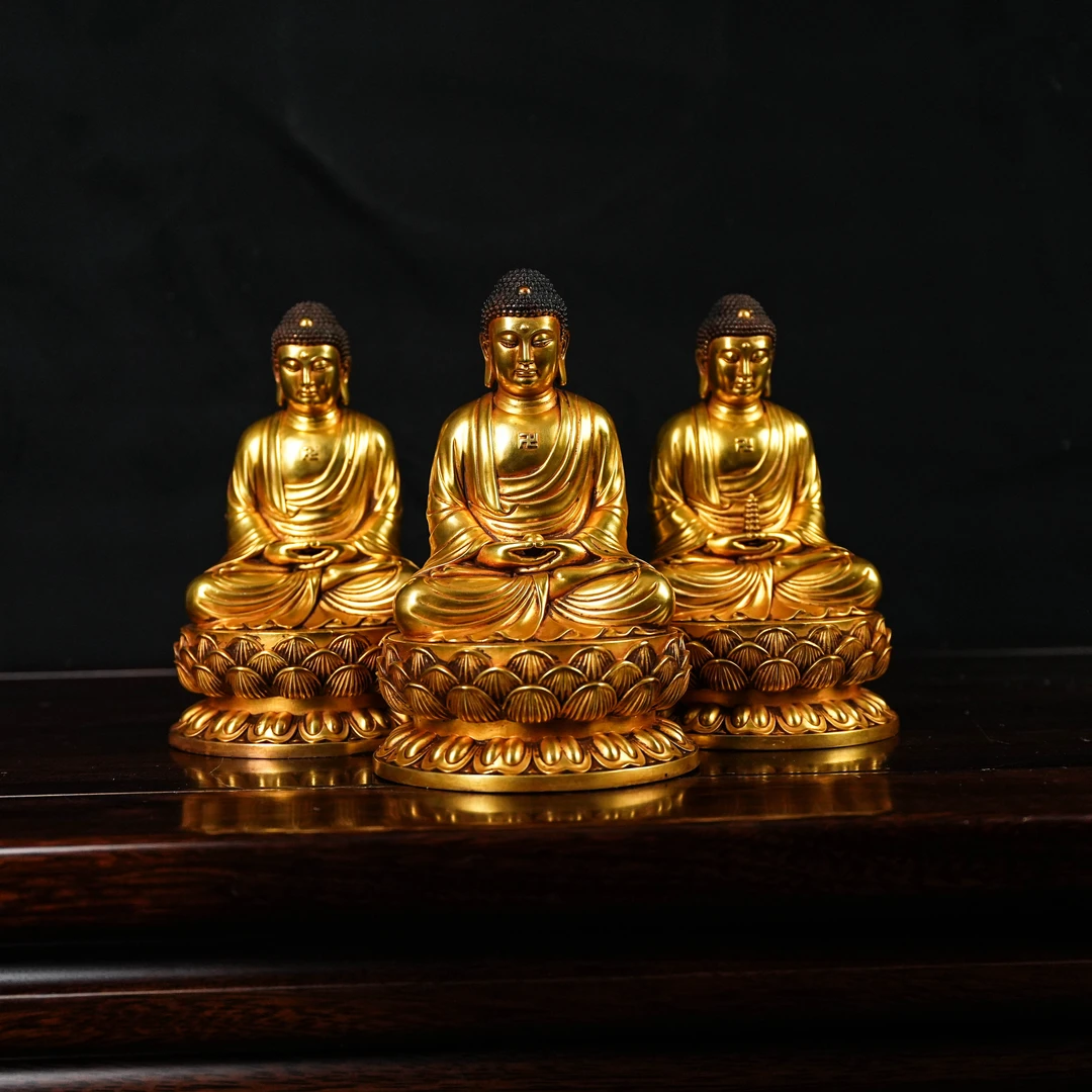 紫铜鎏金三宝佛铜佛像摆件16公分