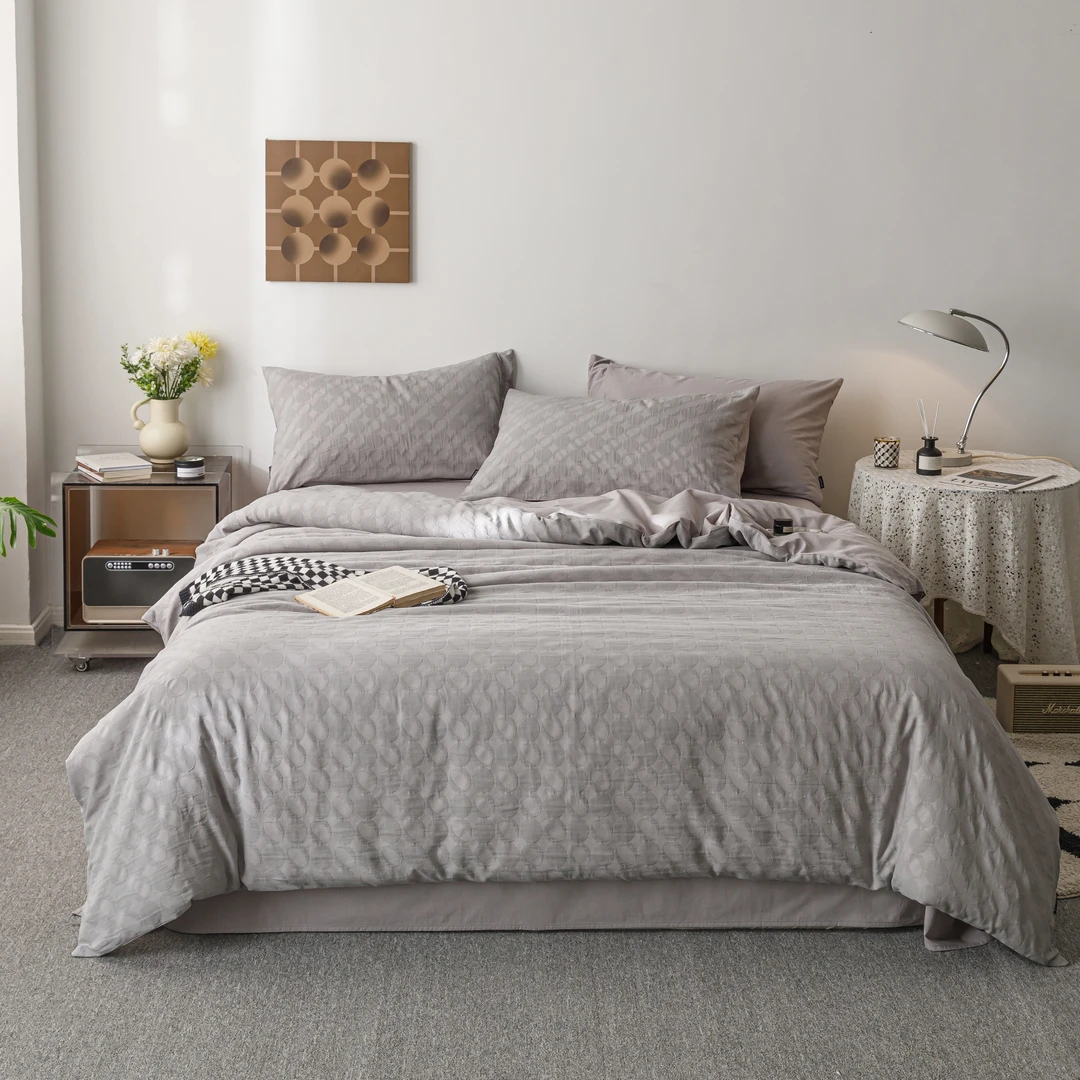 小玲子家纺 小欧泉 三层纱全棉水洗棉提花四件套 简约轻奢风被套