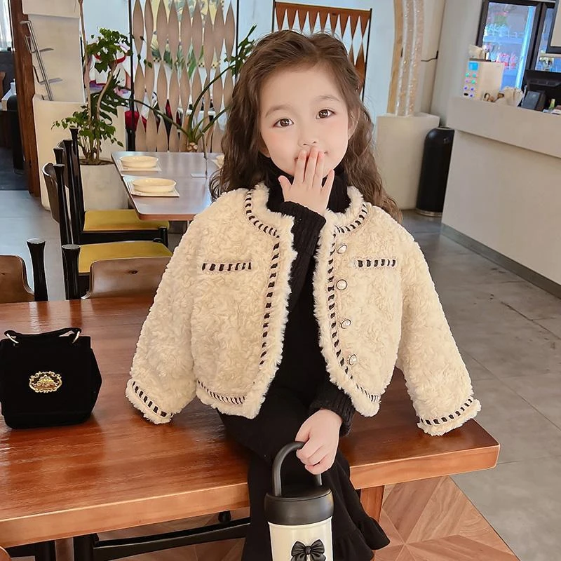 [蕊]加厚女童保暖外套秋冬儿童小香风毛毛衣洋气女宝宝羊羔绒上衣