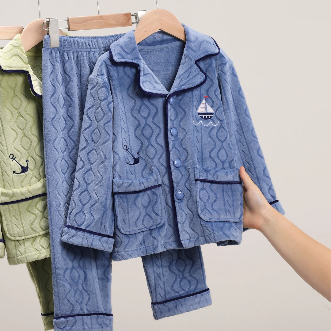 儿童睡衣男孩男童秋冬季加厚长袖开衫套装宝宝加绒家居服 23091