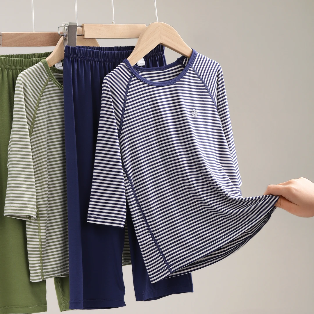 儿童睡衣春款男孩家居服套装男大童夏季莫代尔七分袖薄款 124222