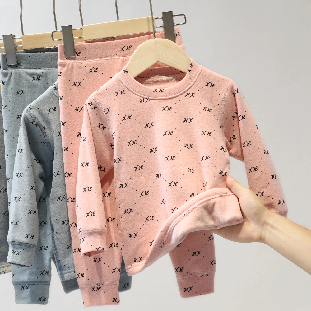 HX 7231-1 儿童加绒保暖内衣套装秋冬纯棉男女童校服神衣裤器打底