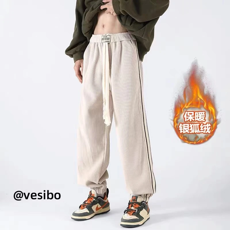 K1008J 加绒休闲裤男秋冬美式潮牌条纹灯芯绒长裤宽松大码束脚裤