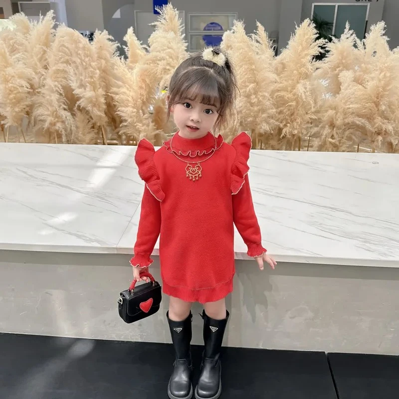 长款女童毛衣过年服针织打底衫儿童毛衣洋气加绒圆领套头秋冬年服