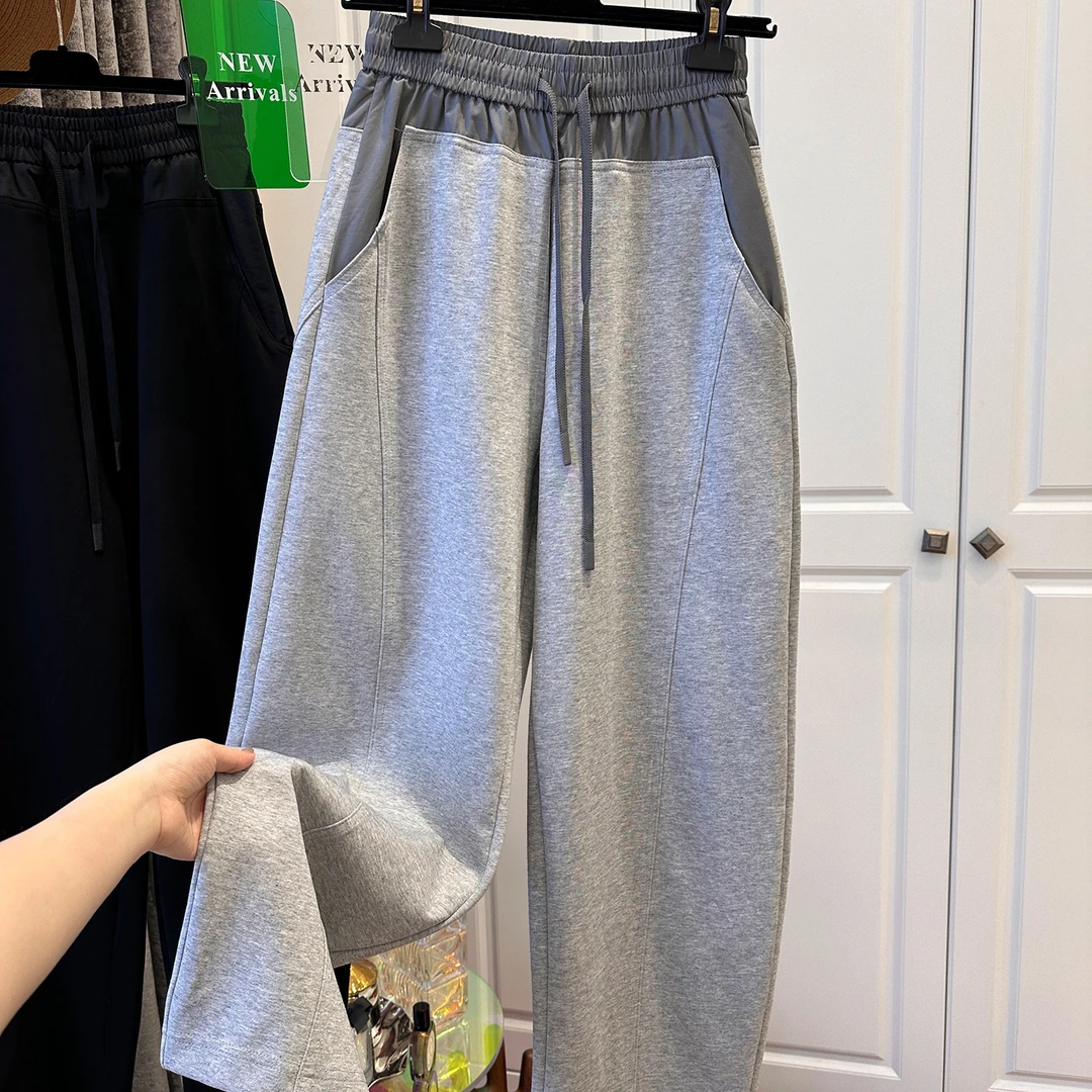 2025春装新款欧货撞色拼接弯刀裤百搭休闲香蕉裤女高腰阔腿长裤子