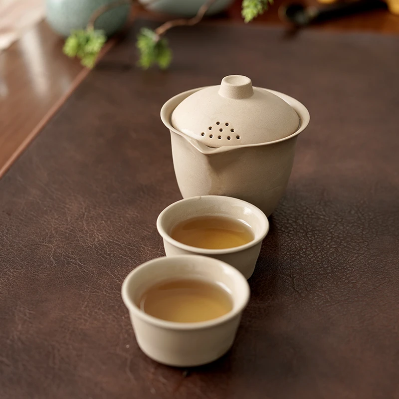 粗陶快客杯一壶二杯户外露营泡茶壶日式简约陶瓷手抓壶旅行茶具
