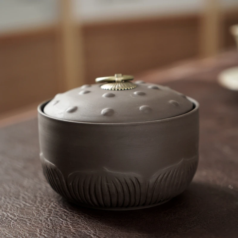紫砂莲蓬茶叶罐复古中式陶瓷铜扣密封罐存茶储存罐空罐