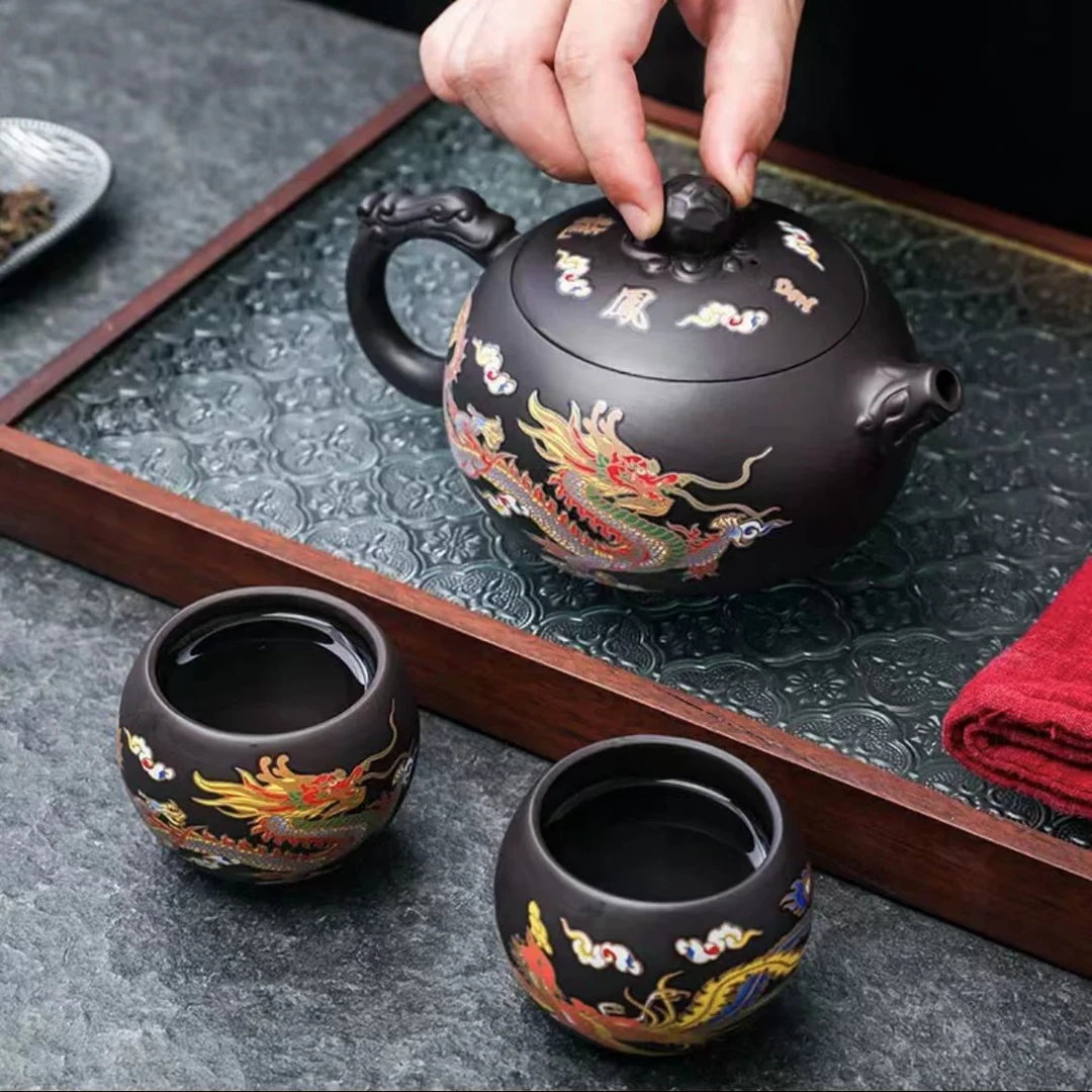 紫砂龙把大西施变色壶一壶两杯