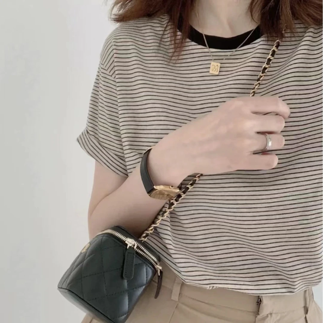 夏季新款条纹女士高档短袖T恤圆领显瘦高贵上档次女装潮025-06288