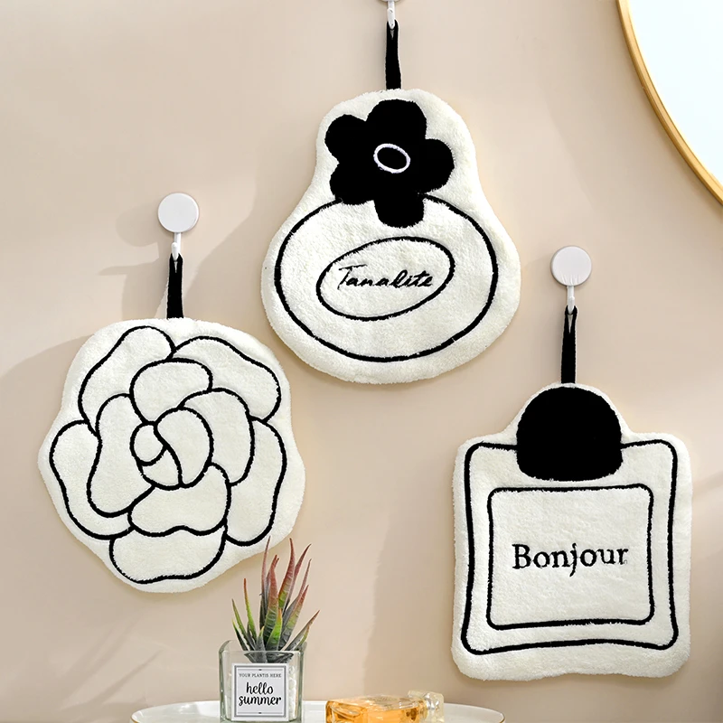 山茶花可挂式厨房擦手巾加厚不掉毛擦手帕卫生间珊瑚毛巾吸水抹布