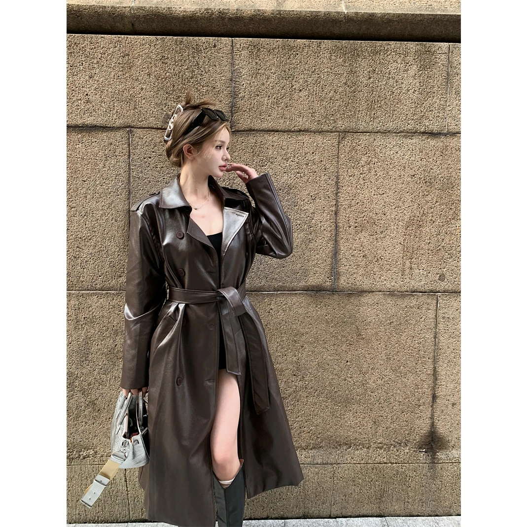 美拉德复古中长款过膝皮衣外套高级感风衣气质时髦大衣2025年女装