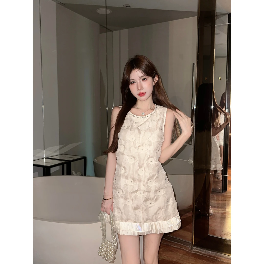重工夏法式小香圆领镶钻褶皱无袖背心裙名媛气质短款千金短裙女装